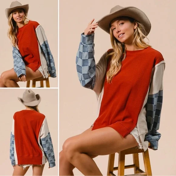 BiBi Washed Color-block Denim Sleeve Top NWOT - Picture 6 of 7